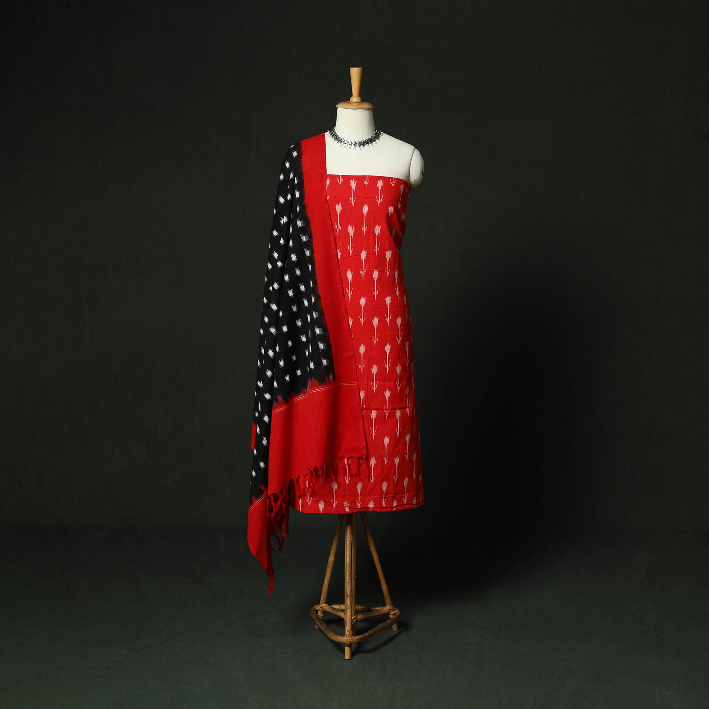 Red - Pochampally Ikat Cotton 3pc Unstitched Dress Material Suit Set 06