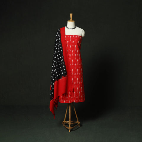 Red - Pochampally Ikat Cotton 3pc Unstitched Dress Material Suit Set 06