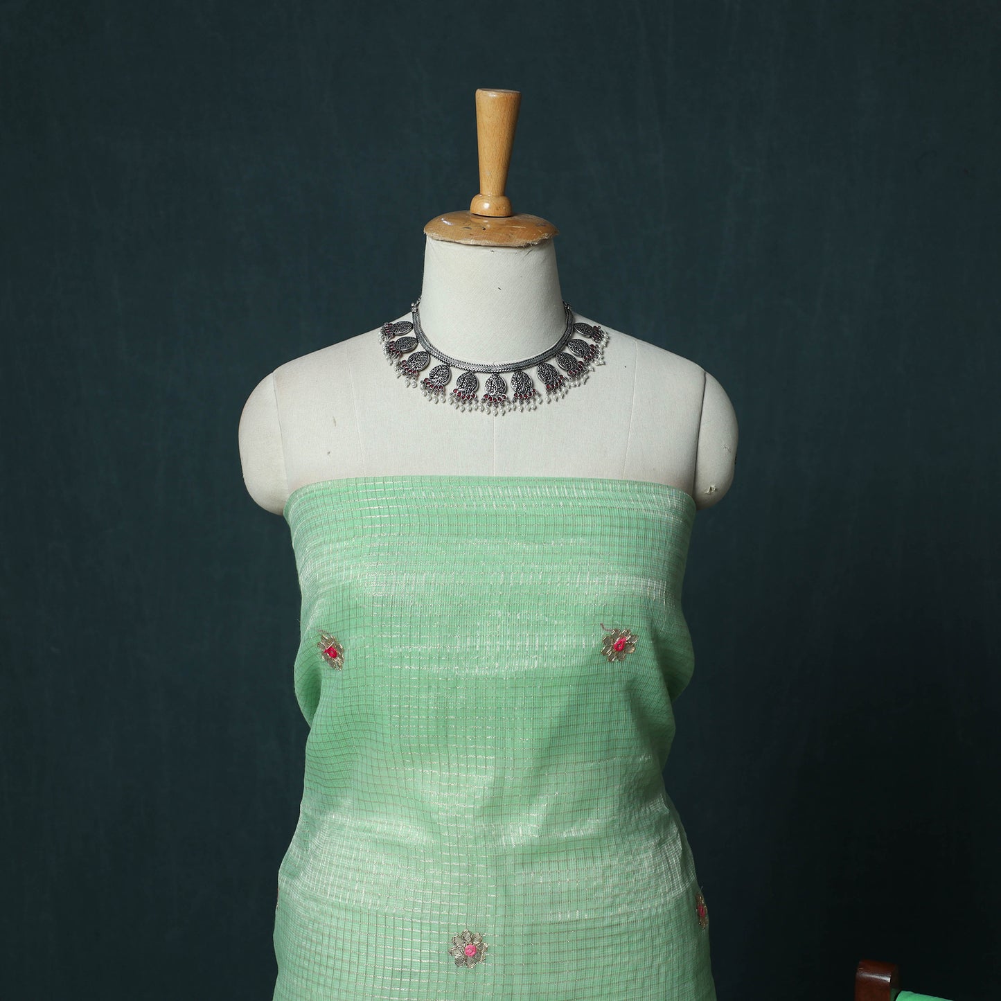 Green - 3pc Gota Patti Work Kota Doria Cotton Unstitched Dress Material Suit Set 07