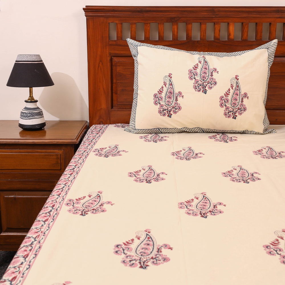 Beige - Sanganeri Print Cotton Double Bed Cover Set (108 x 90 in) 02