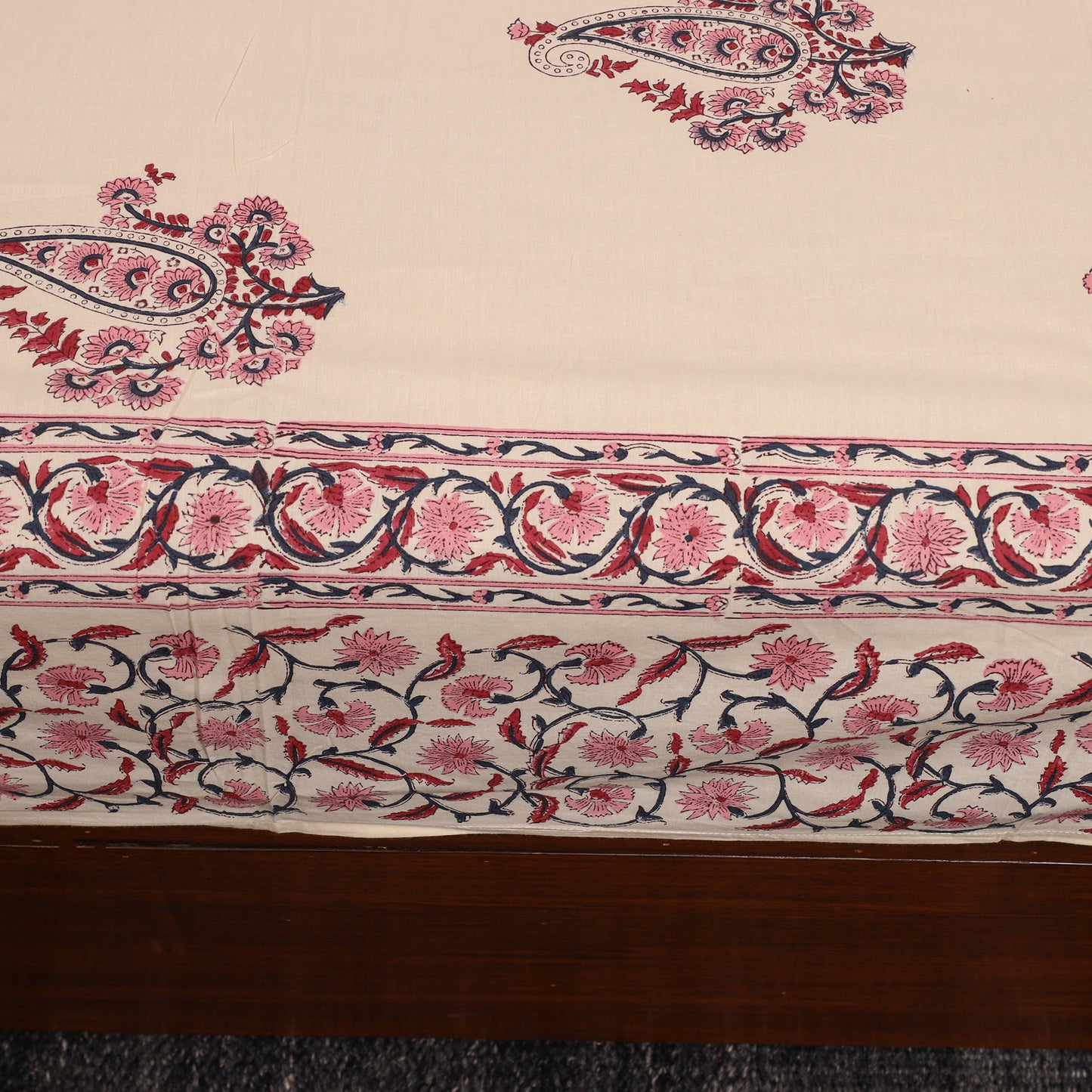 Beige - Sanganeri Print Cotton Double Bed Cover Set (108 x 90 in) 02