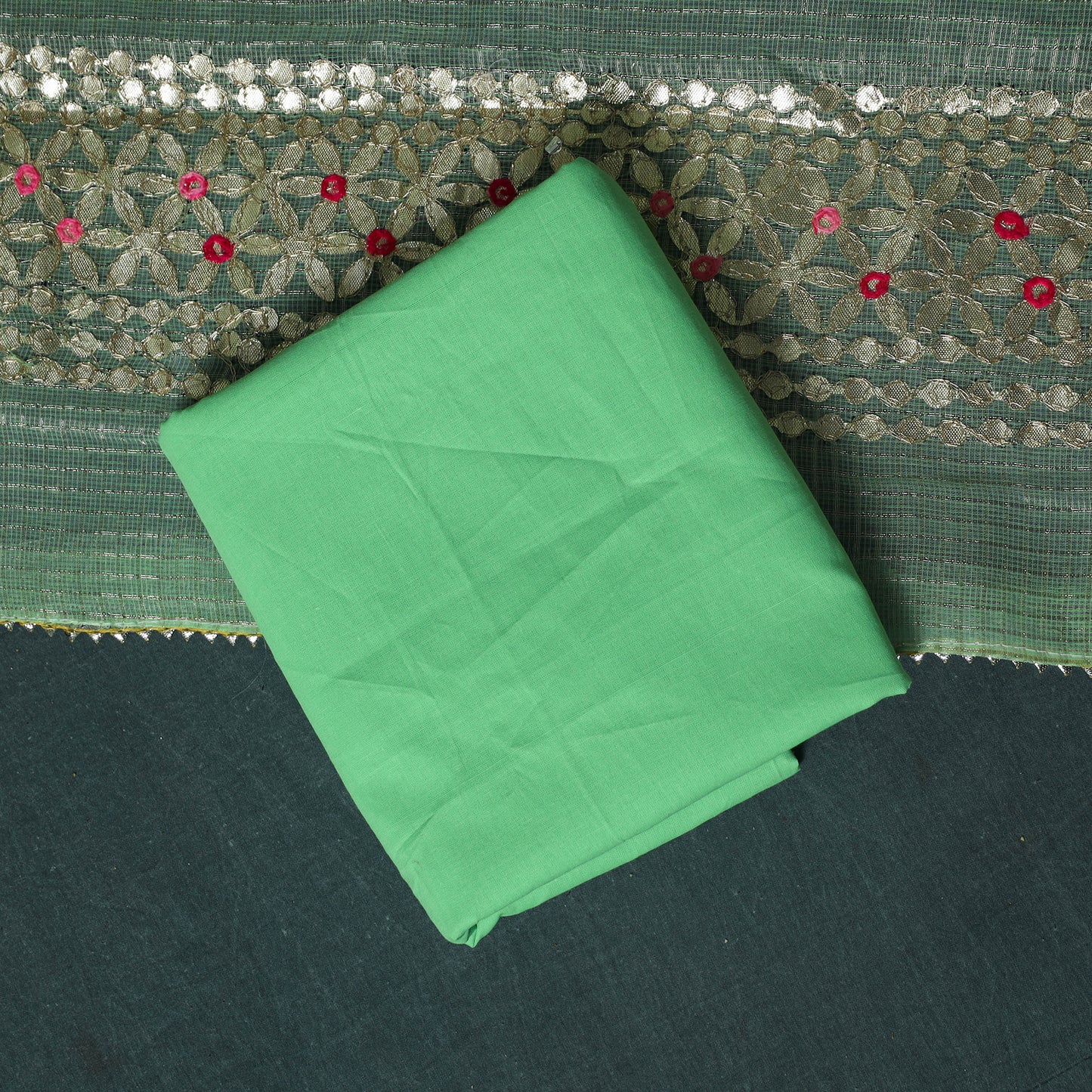 Green - 3pc Gota Patti Work Kota Doria Cotton Unstitched Dress Material Suit Set 07