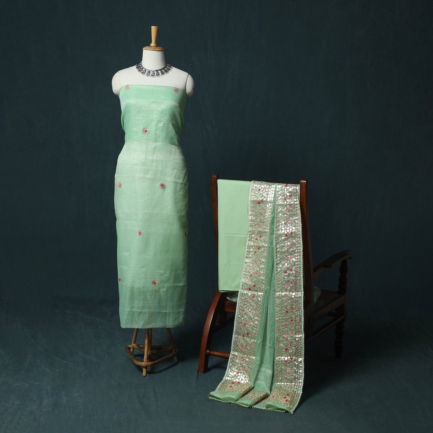 Green - 3pc Gota Patti Work Kota Doria Cotton Unstitched Dress Material Suit Set 08