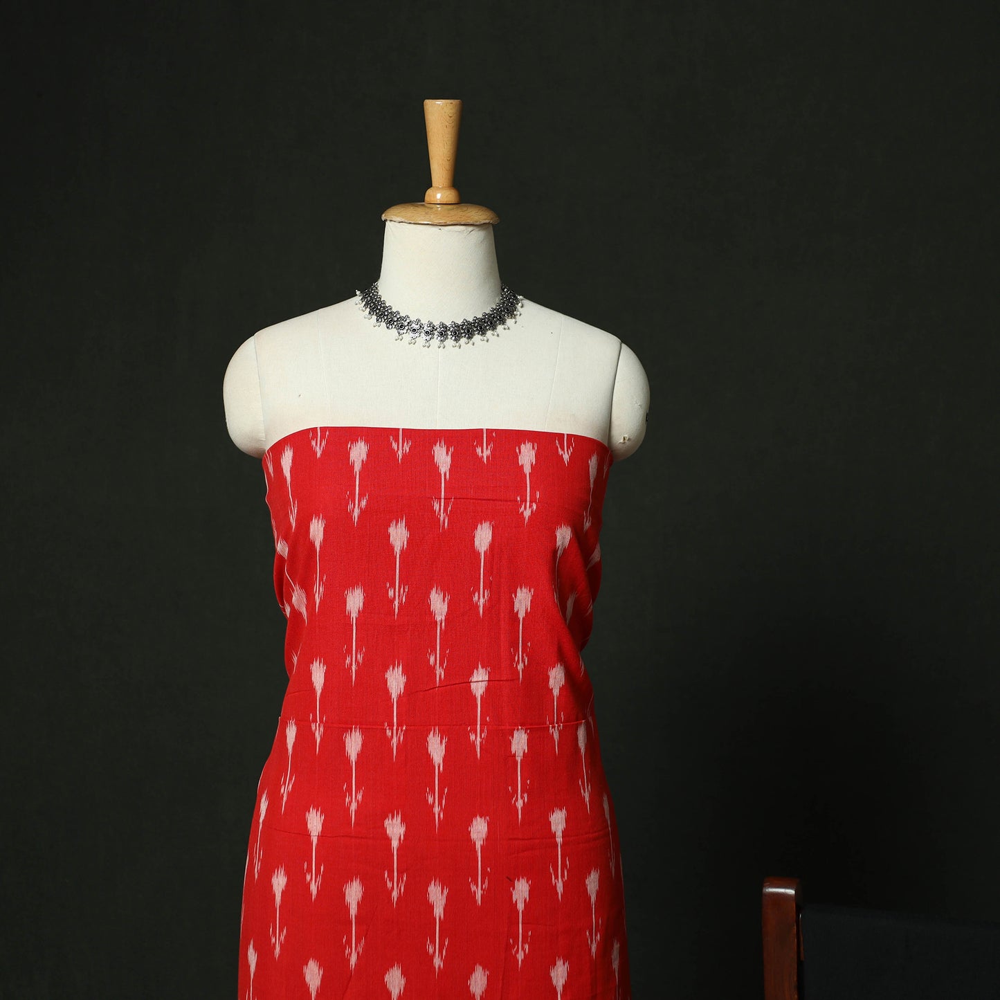 Red - Pochampally Ikat Cotton 3pc Unstitched Dress Material Suit Set 06