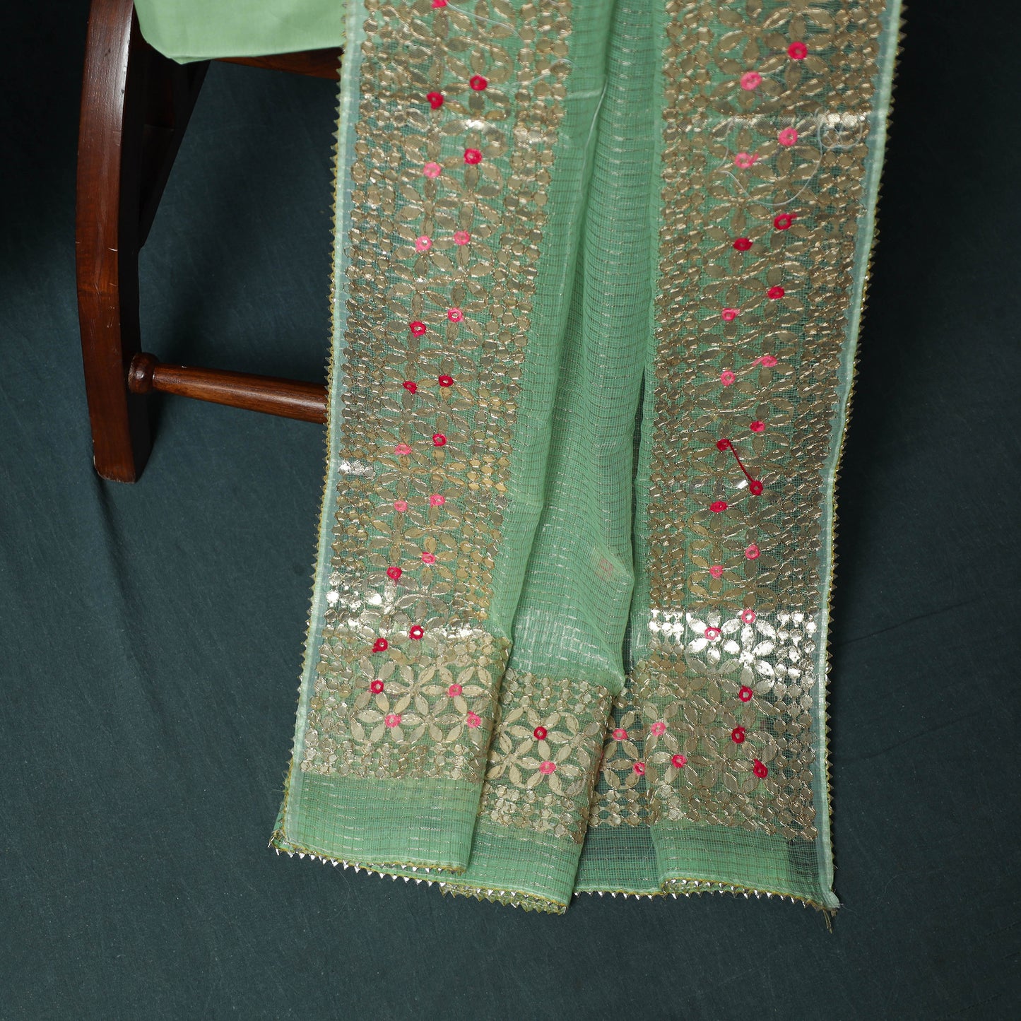 Green - 3pc Gota Patti Work Kota Doria Cotton Unstitched Dress Material Suit Set 08