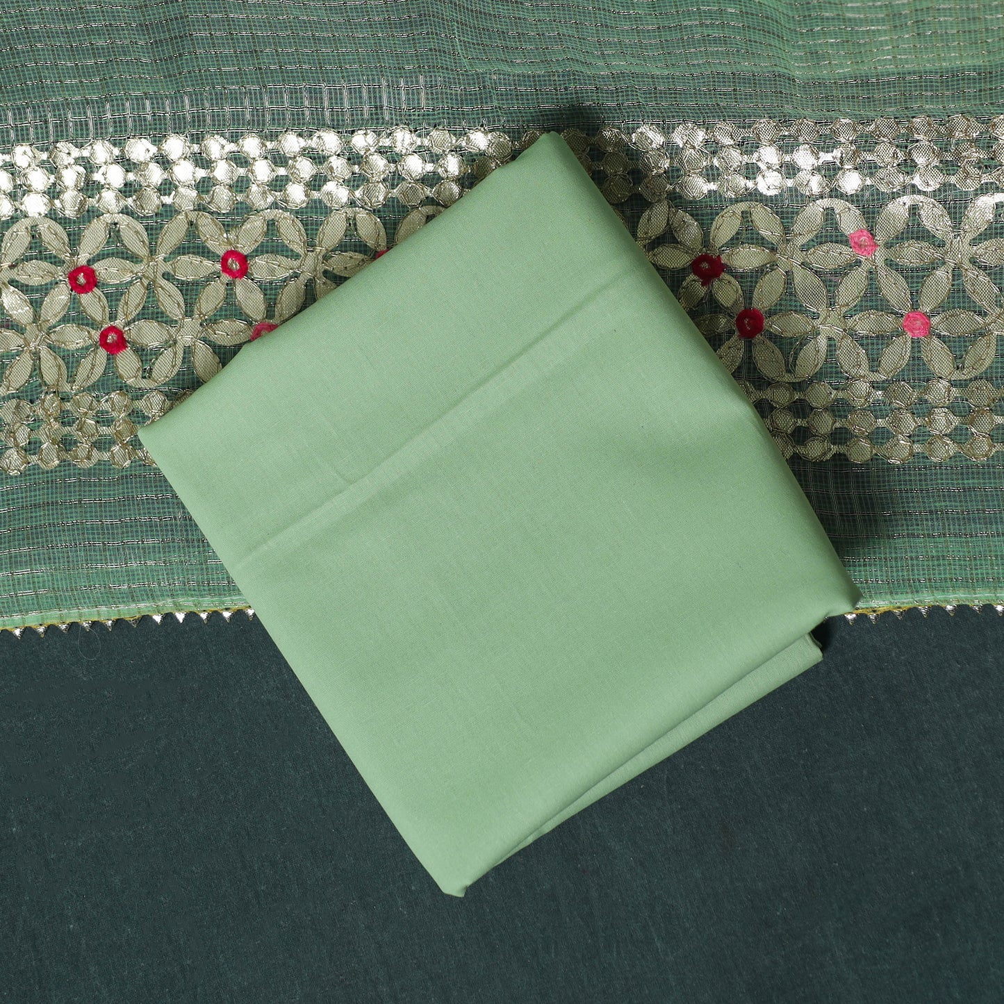 Green - 3pc Gota Patti Work Kota Doria Cotton Unstitched Dress Material Suit Set 08