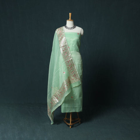Green - 3pc Gota Patti Work Kota Doria Cotton Unstitched Dress Material Suit Set 08