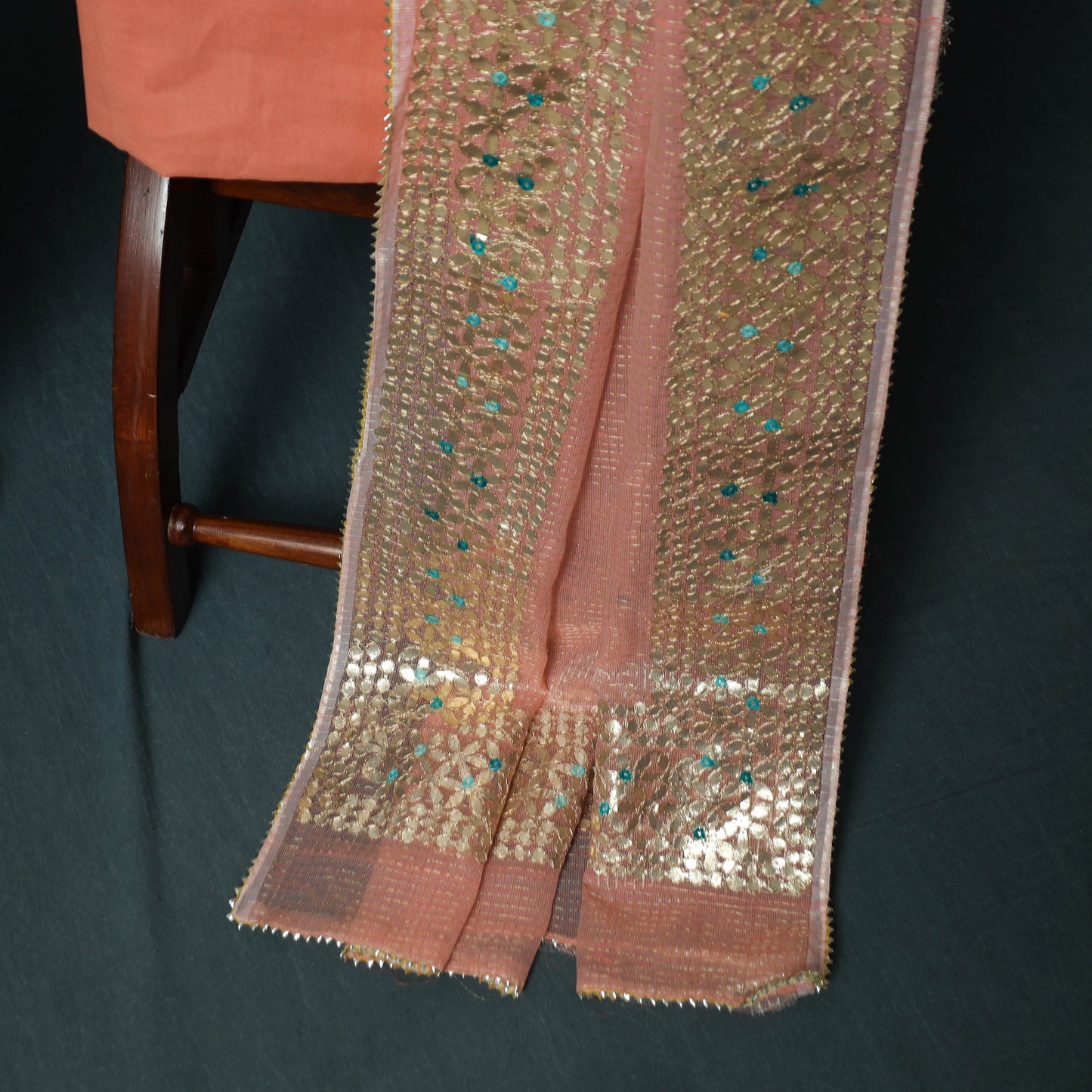 Peach - 3pc Gota Patti Work Kota Doria Cotton Unstitched Dress Material Suit Set 10