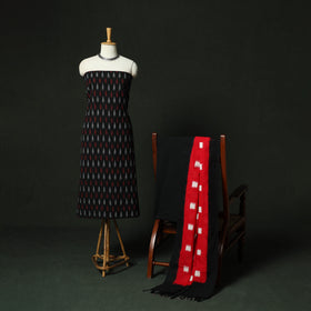 Black - Pochampally Ikat Cotton 3pc Unstitched Dress Material Suit Set 10