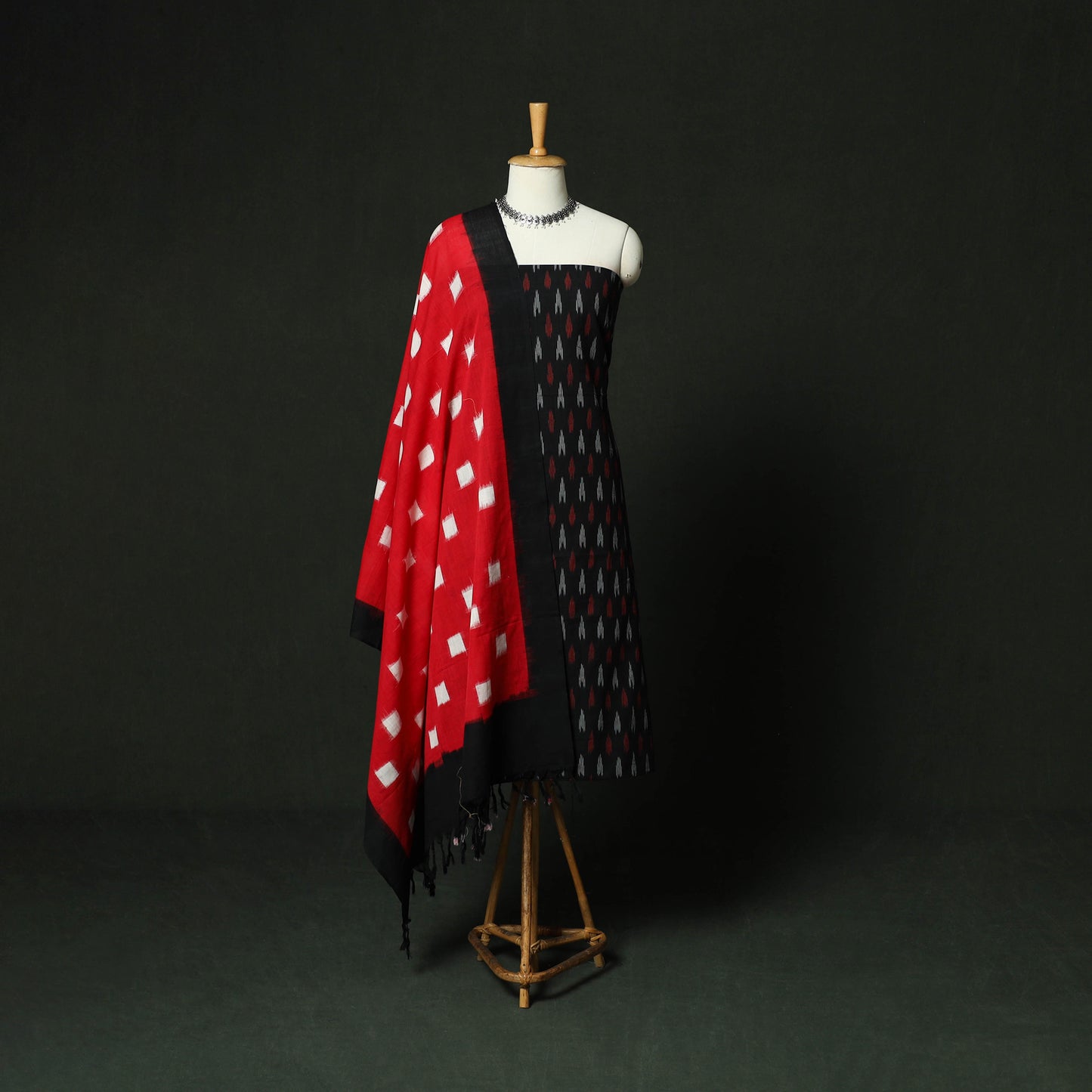 Black - Pochampally Ikat Cotton 3pc Unstitched Dress Material Suit Set 10