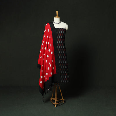Black - Pochampally Ikat Cotton 3pc Unstitched Dress Material Suit Set 10