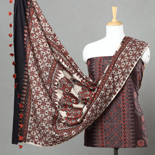 Brown - 3pc Ajrakh Block Printed Natural Dyed Cotton Suit Material Set 05