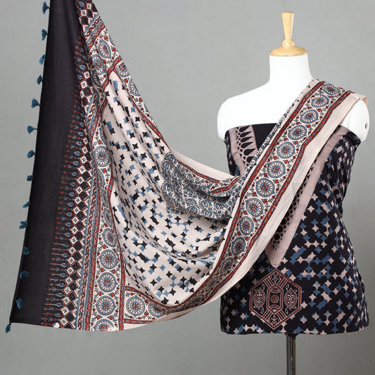 Black - 3pc Ajrakh Block Printed Natural Dyed Cotton Suit Material Set 06