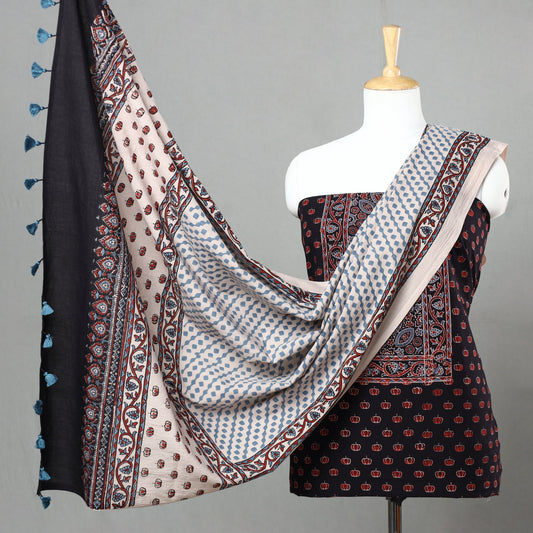 Black - 3pc Ajrakh Block Printed Natural Dyed Cotton Suit Material Set 07