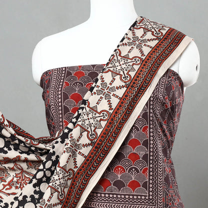 Brown - 3pc Ajrakh Block Printed Natural Dyed Cotton Suit Material Set 09