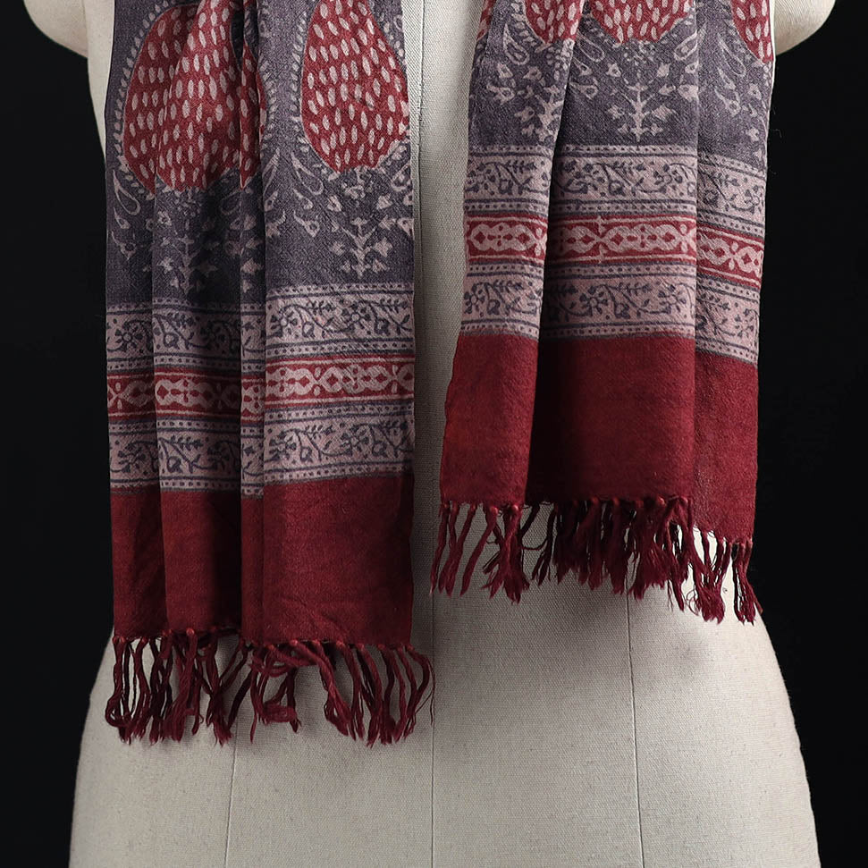 Red - Handwoven Merino Wool Natural Dyed Bagh Hand Block Print Stole 18