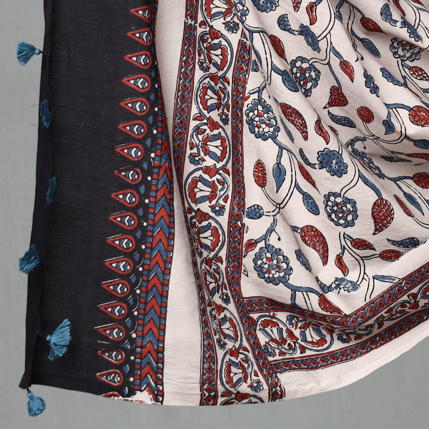 Black - 3pc Ajrakh Block Printed Natural Dyed Cotton Suit Material Set 12