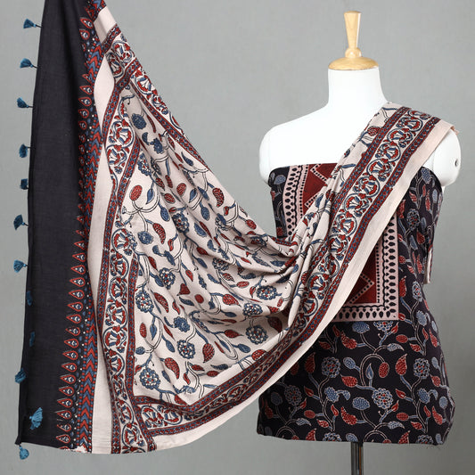 Black - 3pc Ajrakh Block Printed Natural Dyed Cotton Suit Material Set 12