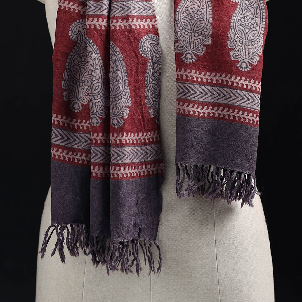 Grey - Handwoven Merino Wool Natural Dyed Bagh Hand Block Print Stole 17