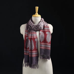 Grey - Handwoven Merino Wool Natural Dyed Bagh Hand Block Print Stole 17