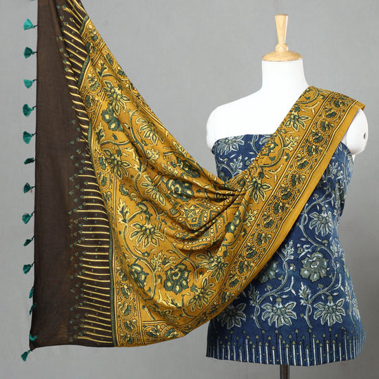 Blue - 3pc Ajrakh Block Printed Natural Dyed Cotton Suit Material Set 13