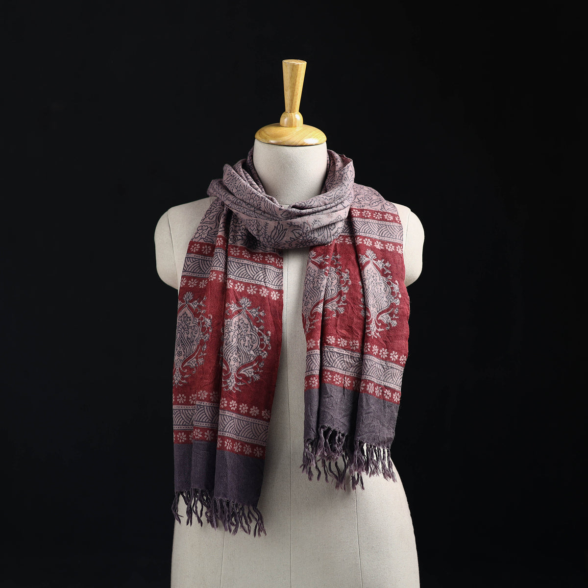 Grey - Handwoven Merino Wool Natural Dyed Bagh Hand Block Print Stole 19