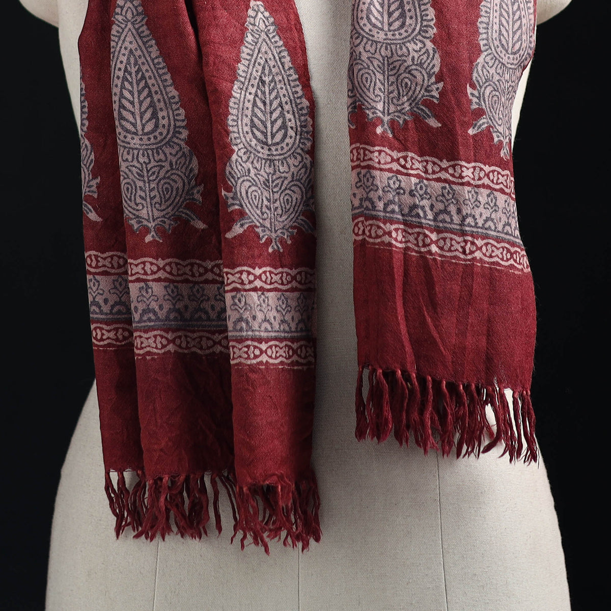 Red - Handwoven Merino Wool Natural Dyed Bagh Hand Block Print Stole 16