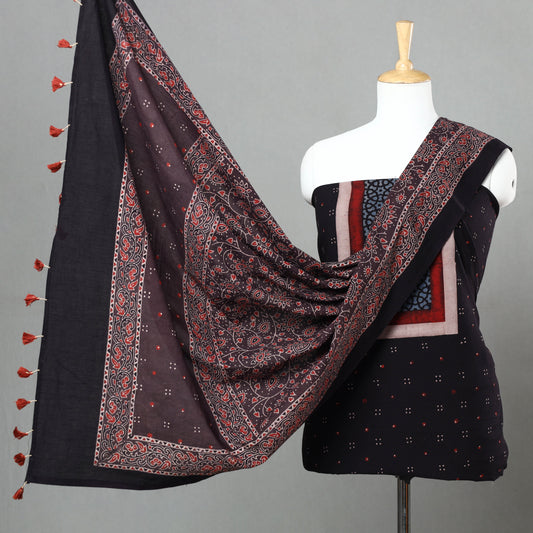 Black - 3pc Ajrakh Block Printed Natural Dyed Cotton Suit Material Set 14