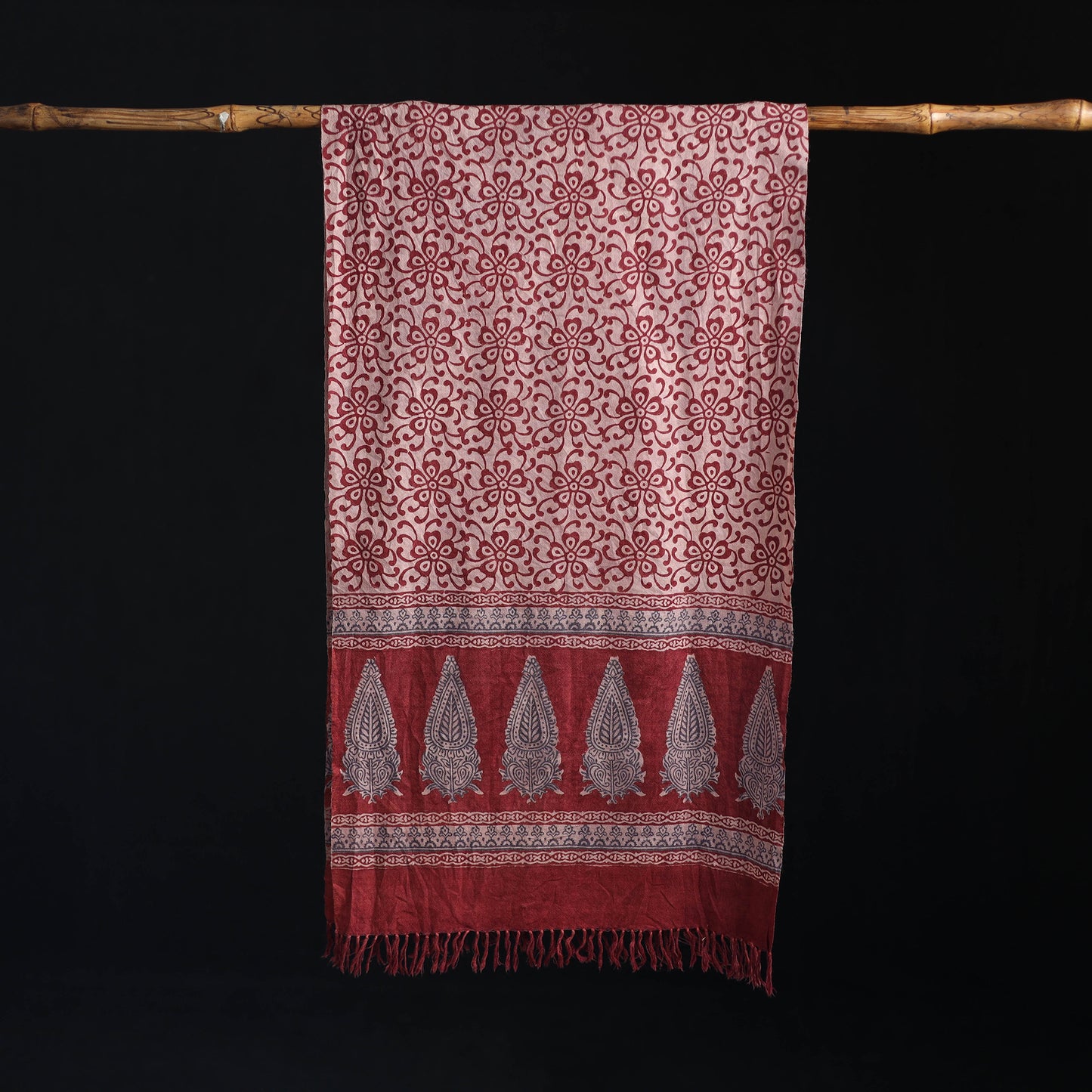 Red - Handwoven Merino Wool Natural Dyed Bagh Hand Block Print Stole 16