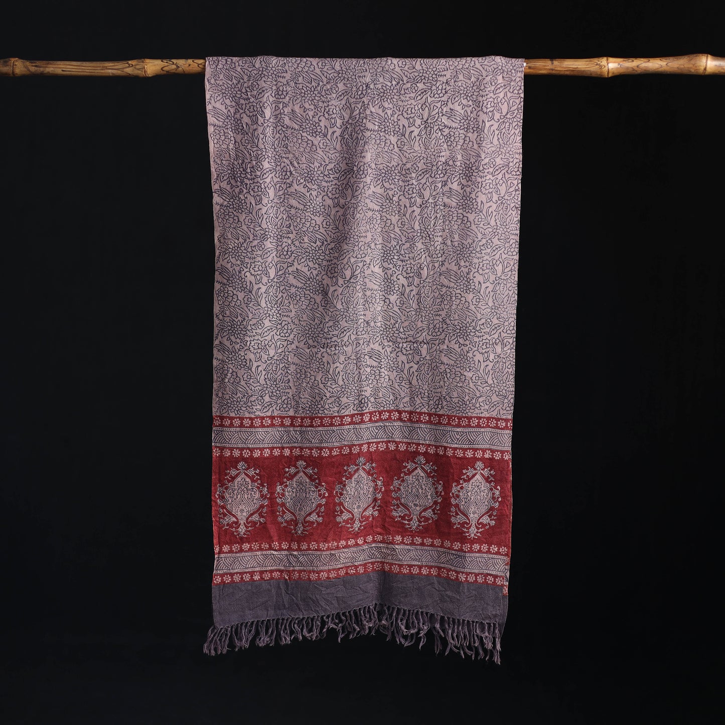 Grey - Handwoven Merino Wool Natural Dyed Bagh Hand Block Print Stole 19