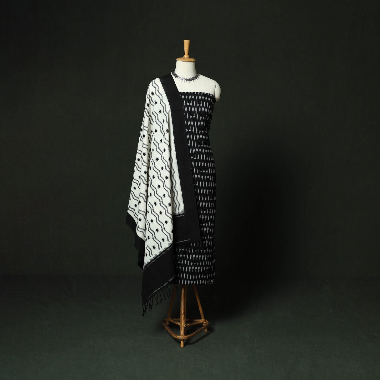 Black - Pochampally Ikat Cotton 3pc Unstitched Dress Material Suit Set 12