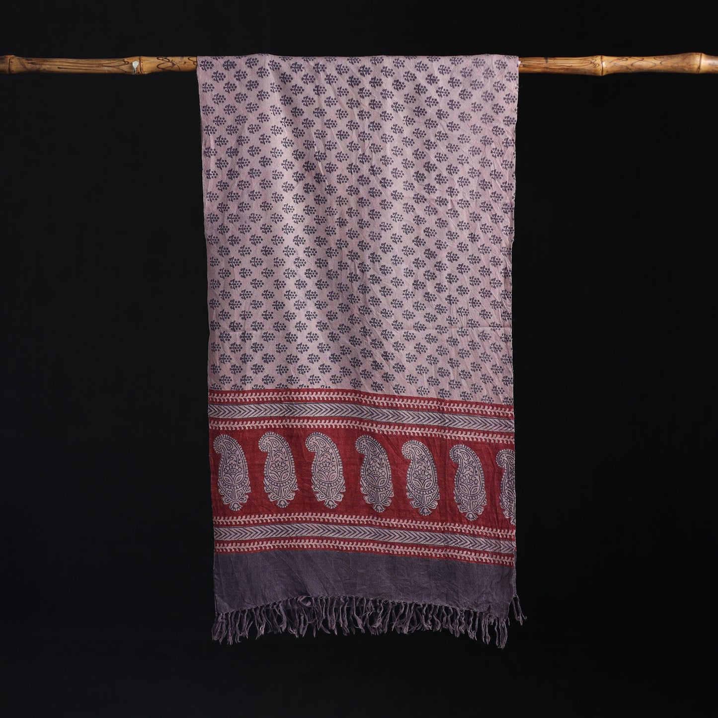 Grey - Handwoven Merino Wool Natural Dyed Bagh Hand Block Print Stole 17