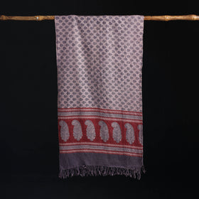 Grey - Handwoven Merino Wool Natural Dyed Bagh Hand Block Print Stole 17