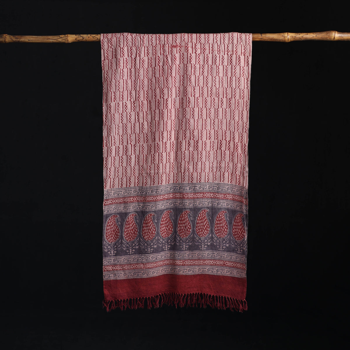Red - Handwoven Merino Wool Natural Dyed Bagh Hand Block Print Stole 18