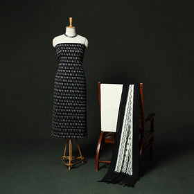 Black - Pochampally Ikat Cotton 3pc Unstitched Dress Material Suit Set 12