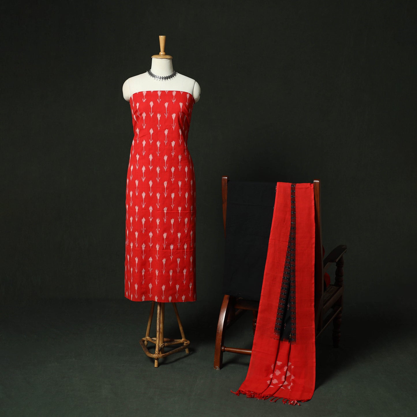Red - Pochampally Ikat Cotton 3pc Unstitched Dress Material Suit Set 13