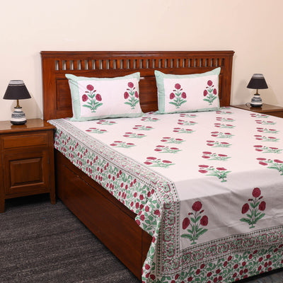 White - Sanganeri Print Cotton Double Bed Cover Set (108 x 90 in) 10