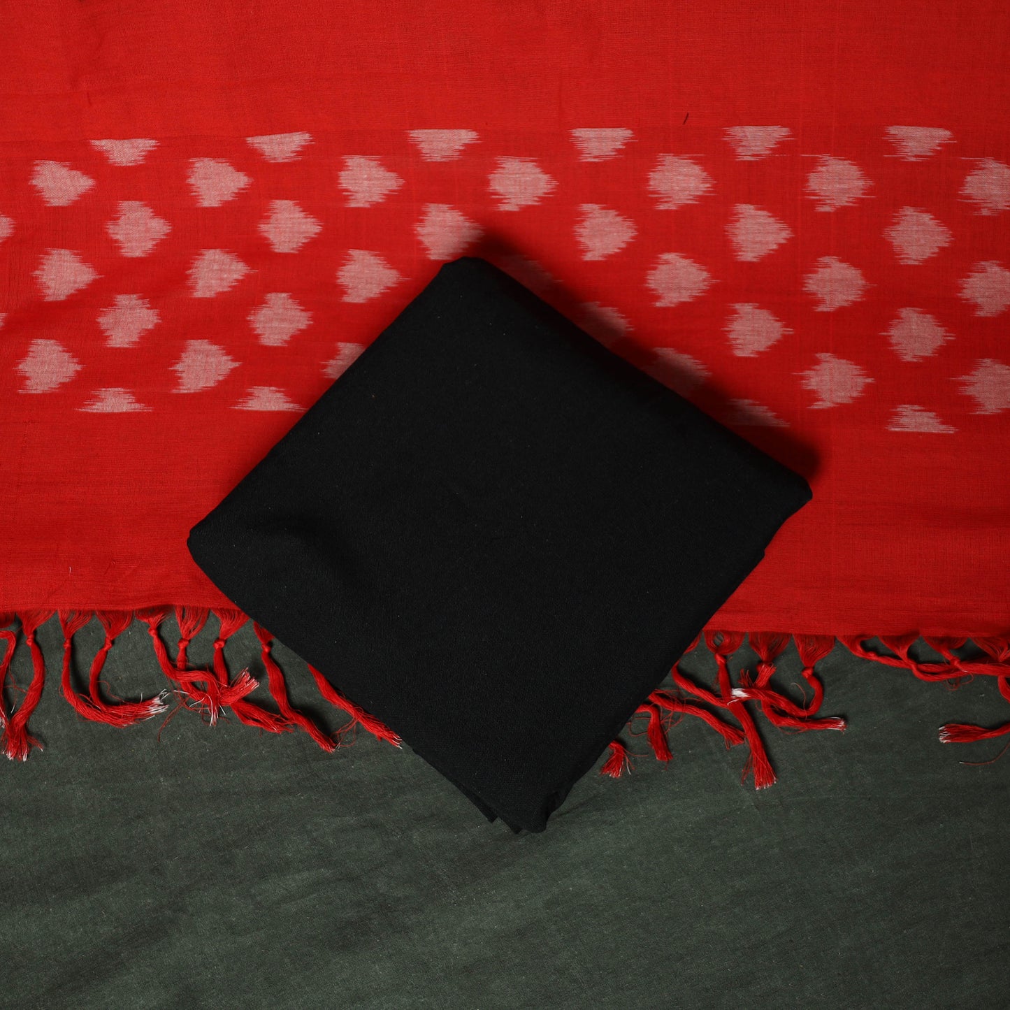 Red - Pochampally Ikat Cotton 3pc Unstitched Dress Material Suit Set 13