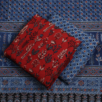 Red - 3pc Ajrakh Block Printed Natural Dyed Cotton Suit Material Set 10