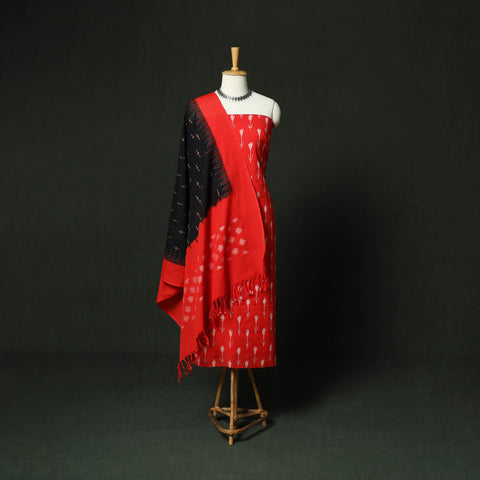 Red - Pochampally Ikat Cotton 3pc Unstitched Dress Material Suit Set 13