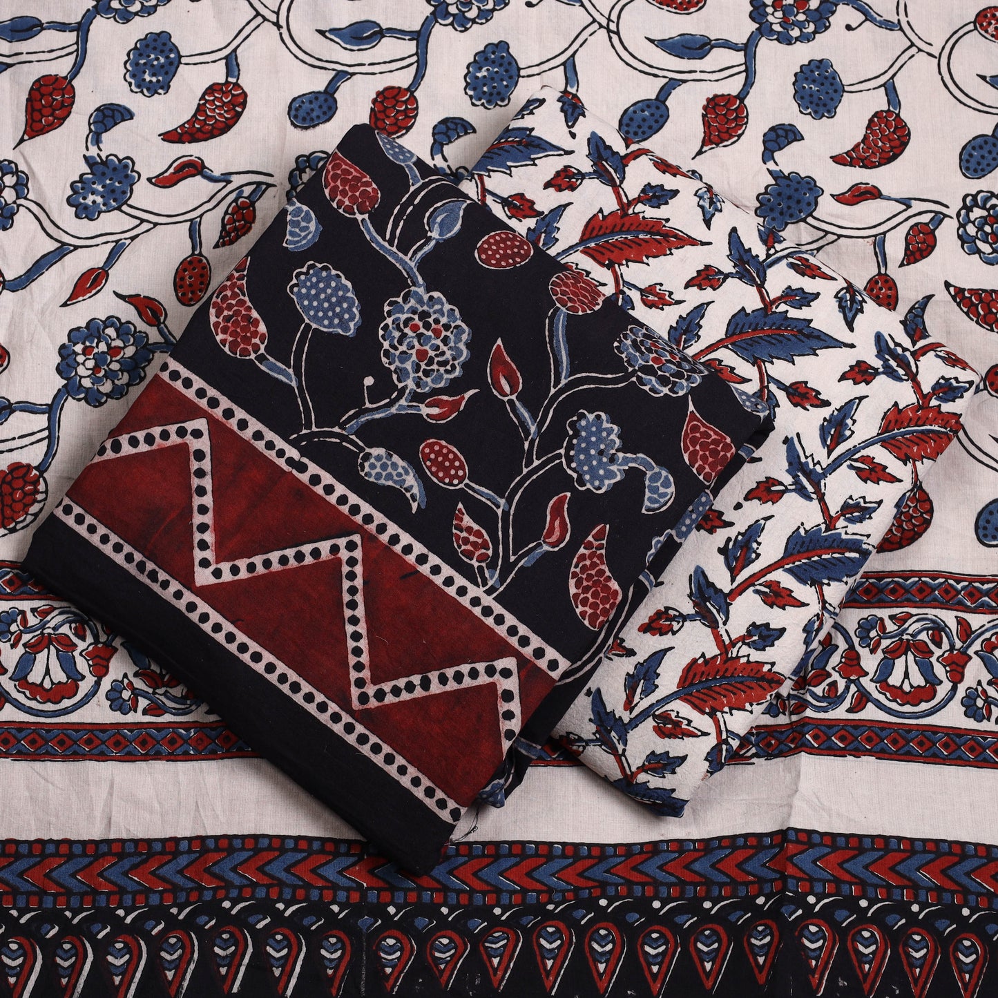Black - 3pc Ajrakh Block Printed Natural Dyed Cotton Suit Material Set 12