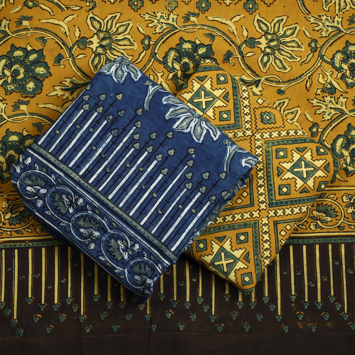 Blue - 3pc Ajrakh Block Printed Natural Dyed Cotton Suit Material Set 13