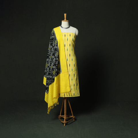 Yellow - Pochampally Ikat Cotton 3pc Unstitched Dress Material Suit Set 14