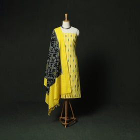 Yellow - Pochampally Ikat Cotton 3pc Unstitched Dress Material Suit Set 14