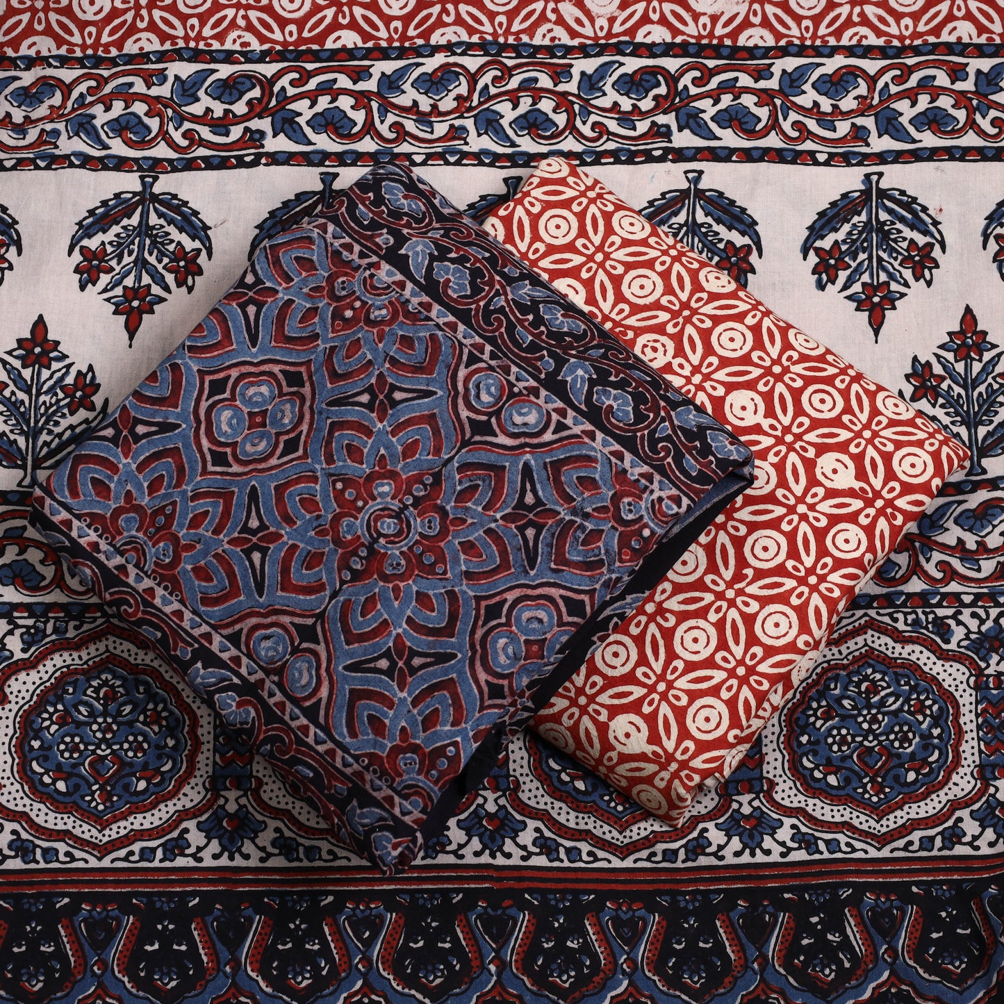 Black - 3pc Ajrakh Block Printed Natural Dyed Cotton Suit Material Set 15