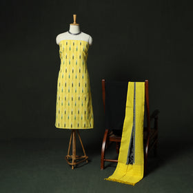 Yellow - Pochampally Ikat Cotton 3pc Unstitched Dress Material Suit Set 14