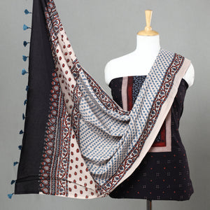 Black - 3pc Ajrakh Block Printed Natural Dyed Cotton Suit Material Set 20