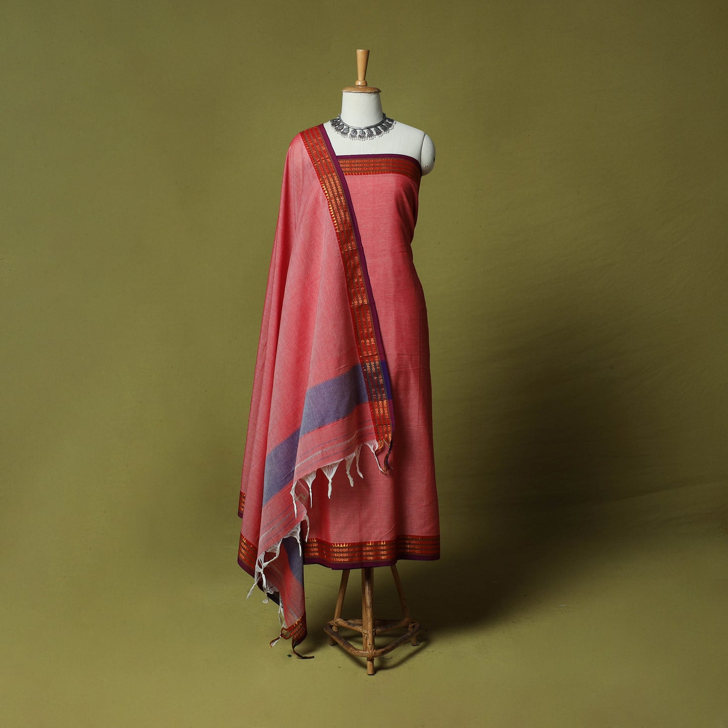 Dharwad Cotton 3pc Unstitched Dress Material Suit Set with Woven Zari Border 31
