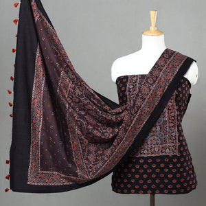 Black - 3pc Ajrakh Block Printed Natural Dyed Cotton Suit Material Set 24