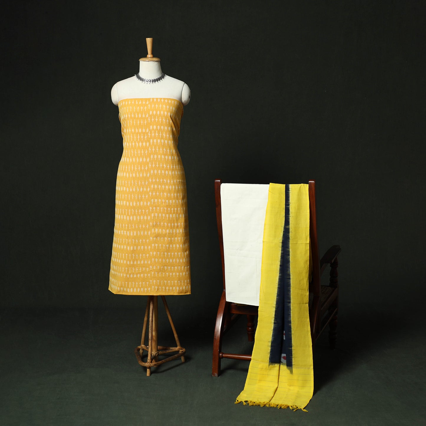 Yellow - Pochampally Ikat Cotton 3pc Unstitched Dress Material Suit Set 16